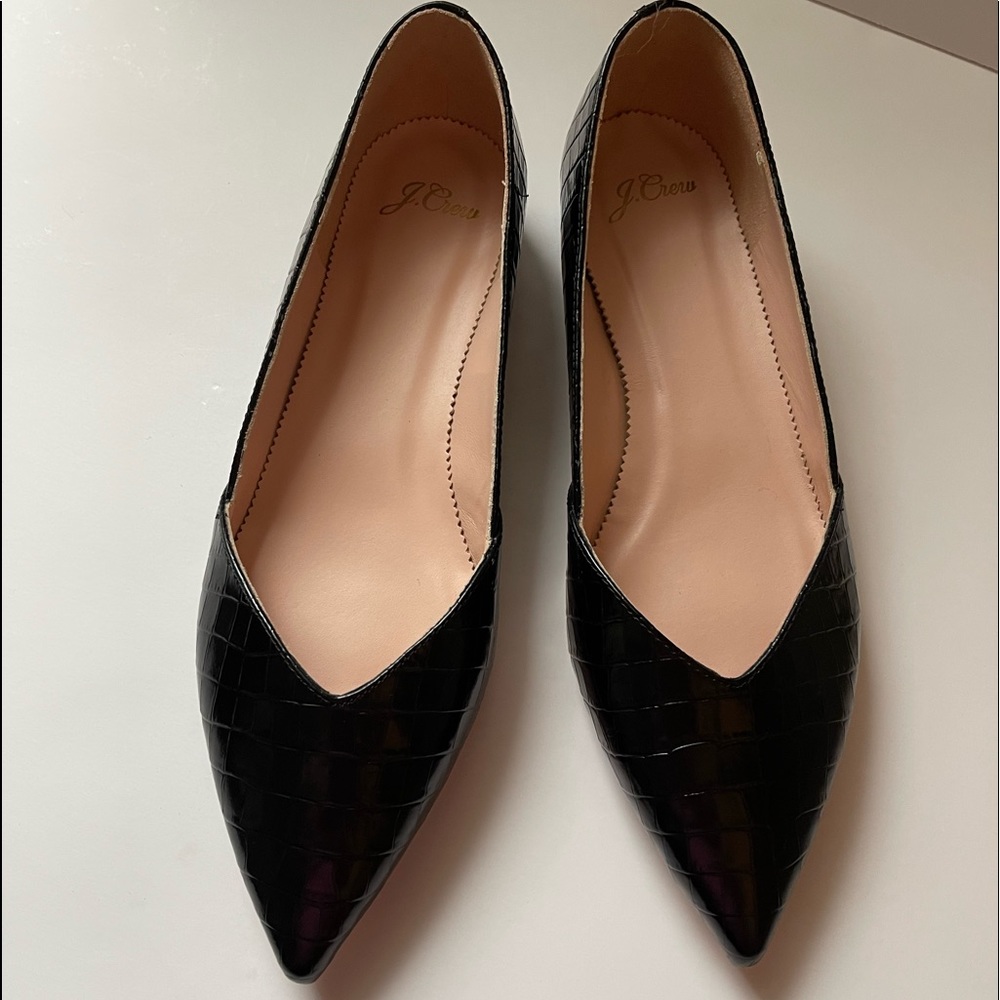 JCrew Black Croc Embossed Leather Flats.  Size 9.5. New, never worn.